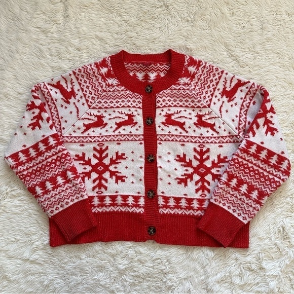 Dec. 25th Cardigan Womens Christmas Holiday Sweater Fair Isle Red White XL - Picture 2 of 11